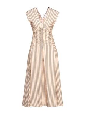 Sandro Paris dress yellow, beige and blue vertical line and sleeveless strap.